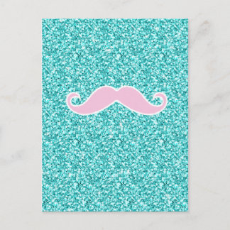 POSTAL GIRLY PINK MUSTACHE EN EFECTO PURPURINA VERDE AZUL