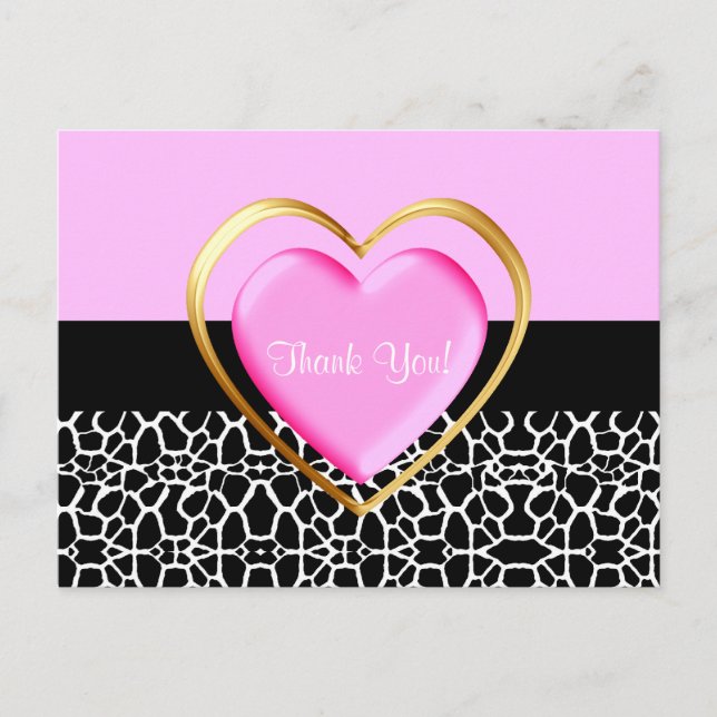 Postal Girly Pink Y Gold Heart Gracias (Anverso)