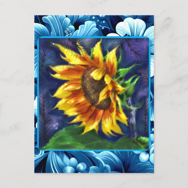 Postal Giro en flor verde amarillo azul nocturno Flor ver (Anverso)