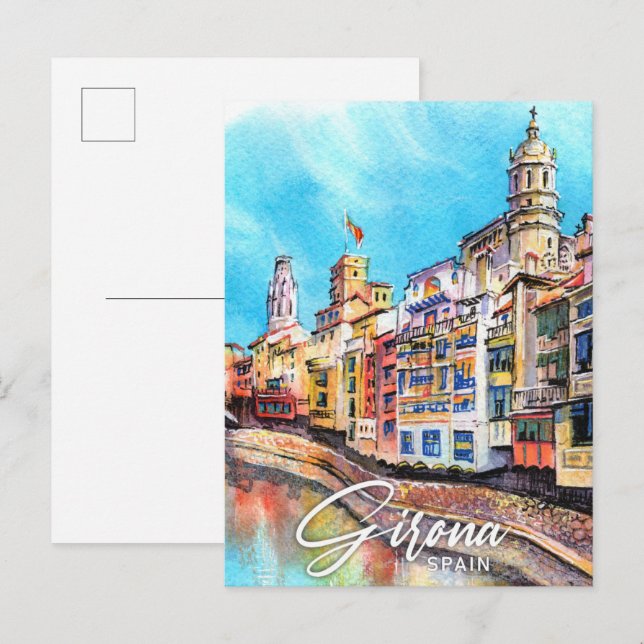 Postal Girona España Viaje de pintura acuática (Anverso / Reverso)