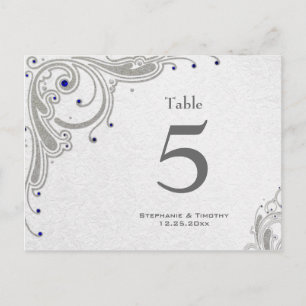 Postal Giros plateados + joyas azules número de mesa boda