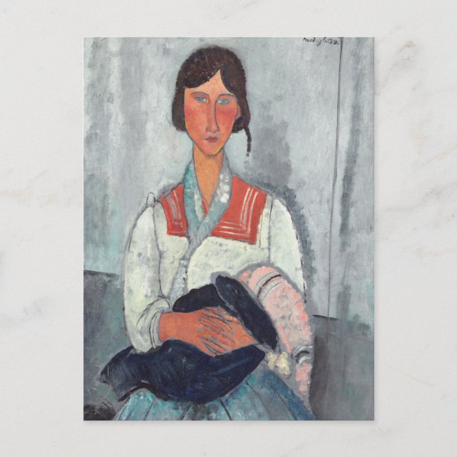 Postal Gitana con bebé por Amedeo Modigliani (Anverso)