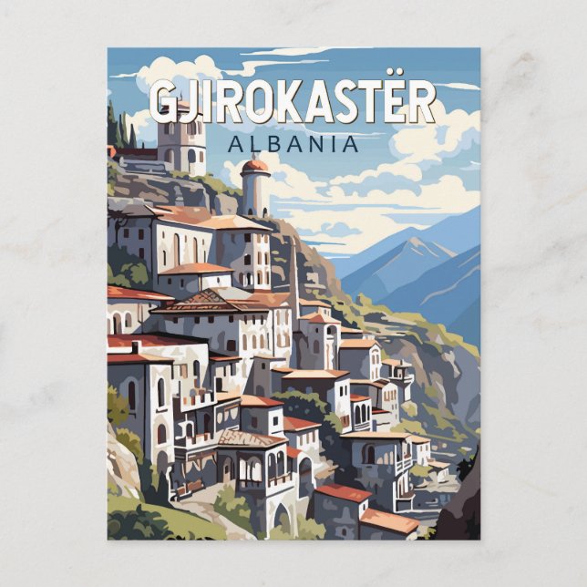 Postal Gjirokaster Albania Arte de Viaje Vintage (Anverso)