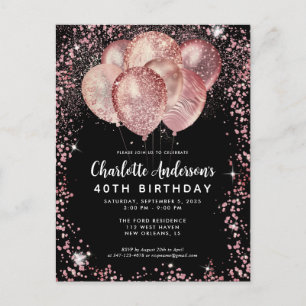Postal Glam Black Pink Rose Gold Purpurina Balloon Cumple