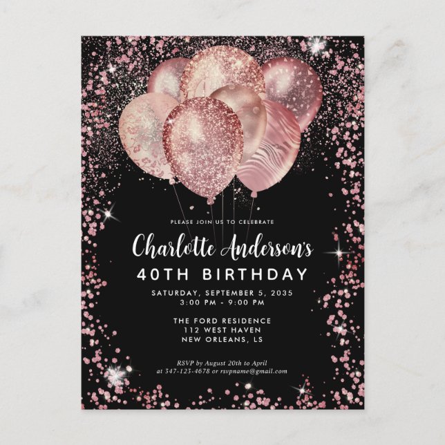 Postal Glam Black Pink Rose Gold Purpurina Balloon Cumple (Anverso)