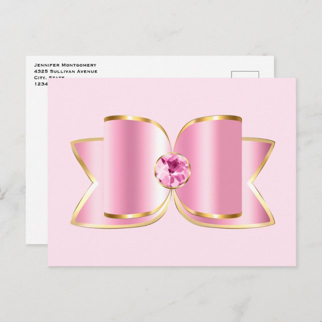 Postal Glam Bow rosa con piedra angular (Anverso / Reverso)