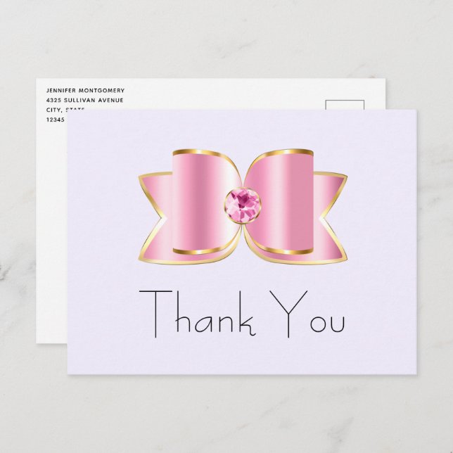 Postal Glam Bow rosado con piedra angular gracias (Anverso / Reverso)