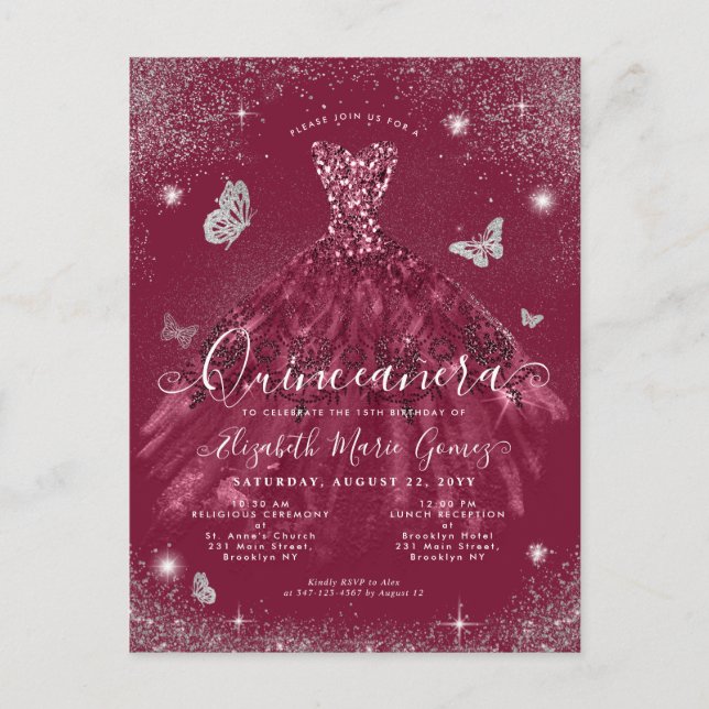 Postal Glam Burgundy Purpurina Gown Quinceanera (Anverso)
