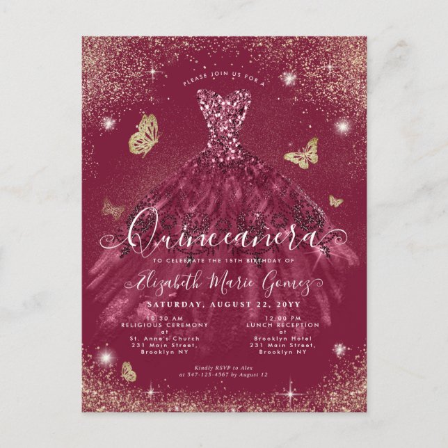 Postal Glam Burgundy Red Gold Purpurina Gown Quinceanera (Anverso)