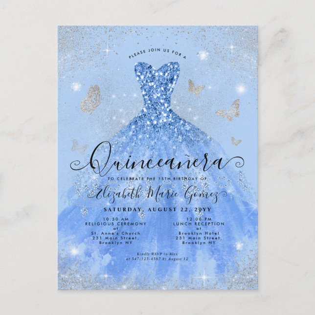 Postal Glam Dusty Blue Silver Purpurina Gown Quinceanera (Anverso)