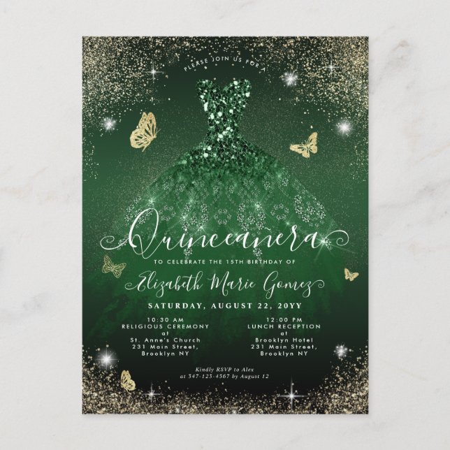 Postal Glam Emerald Green Gold Purpurina Gown Quinceanera (Anverso)