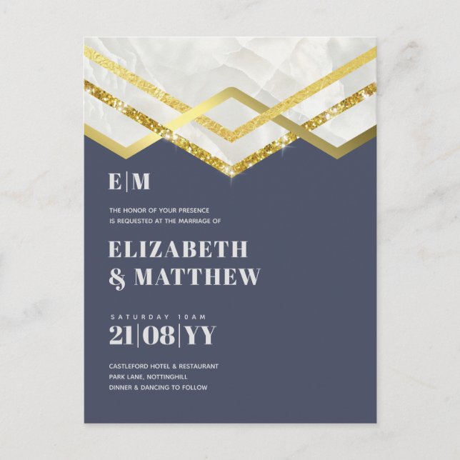 Postal Glam Gold Purpurina Girly Wedding Invitar diseño D (Anverso)