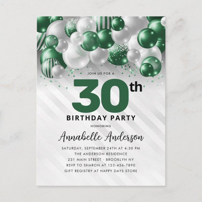 Postal Glam Green Silver Purpurina 30 cumpleaños (Anverso)