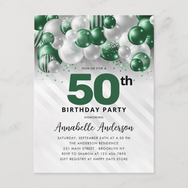 Postal Glam Green Silver Purpurina 50 cumpleaños (Anverso)