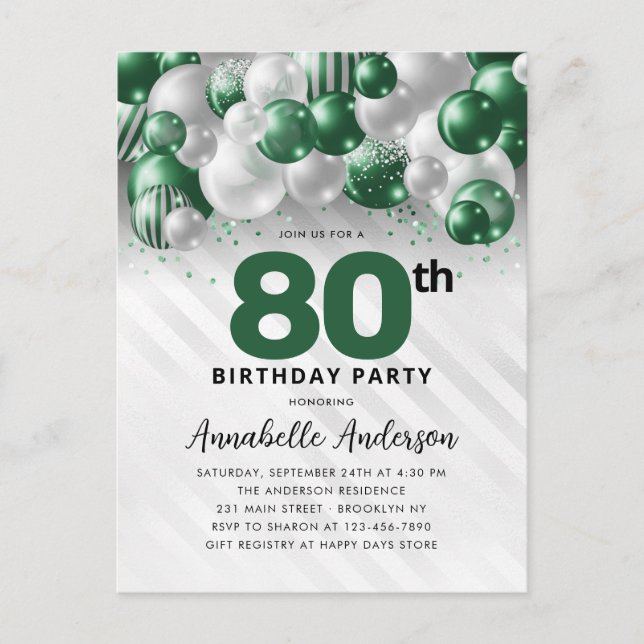 Postal Glam Green Silver Purpurina 80 cumpleaños (Anverso)