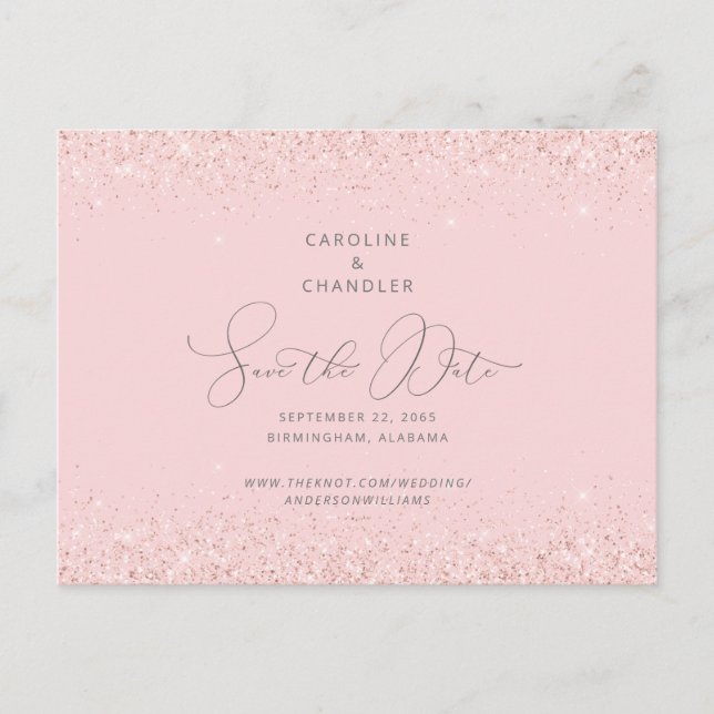 Postal Glam Pink & Silver Glitter Boda Save the Date  (Anverso)