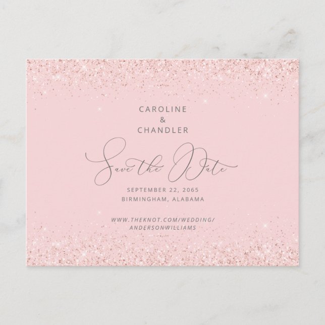 Postal Glam Pink & Silver Purpurina Wedding Save the Date (Anverso)