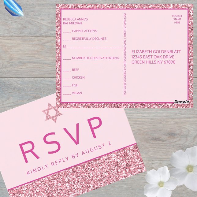 Postal Glam Pink Simple Bat Moderno Mitzvah RSVP (RSVP postcards are a smart option for your Bat Mitzvah celebration)