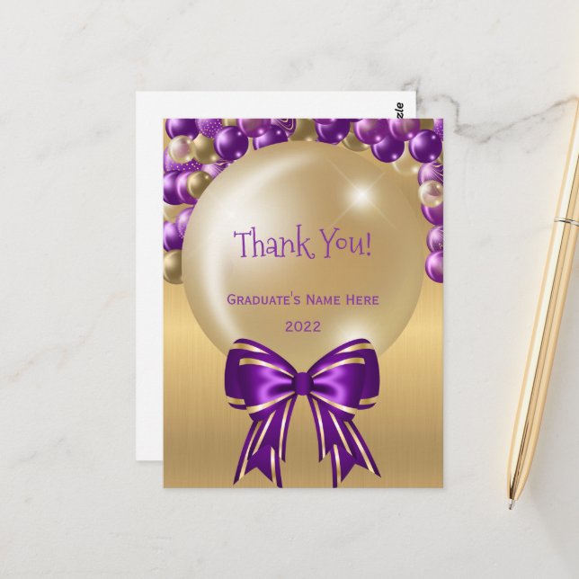 Postal Glam Purple Gold Bow Gracias Graduación (Anverso/Reverso In Situ)