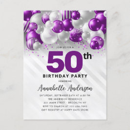 Postal Glam Purple Silver Purpurina 50 cumpleaños