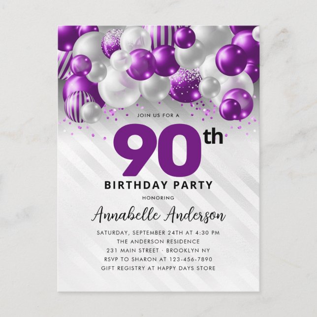 Postal Glam Purple Silver Purpurina 90 cumpleaños (Anverso)
