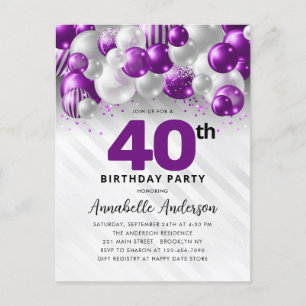 Postal Glam Purple Silver Purpurina de globo 40 cumpleaño