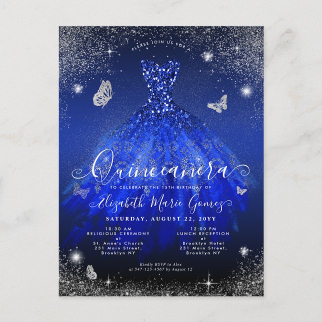 Postal Glam Royal Blue Silver Purpurina Gown Quinceanera (Anverso)
