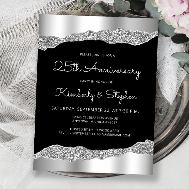 Postal Glam Silver Black 25th Anniversary Invitation (Subido por el creador)