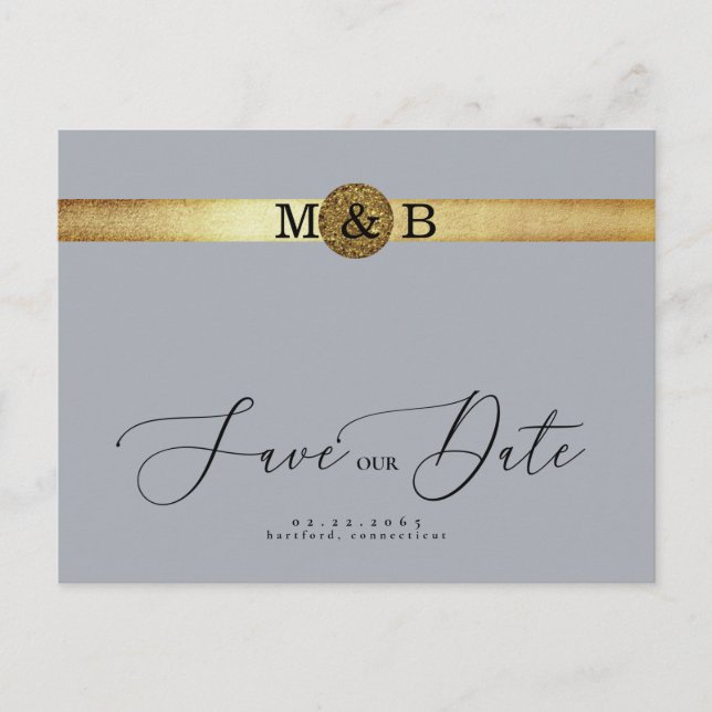 Postal Glam Silver & Metallic Gold Monogram Save the Date (Anverso)