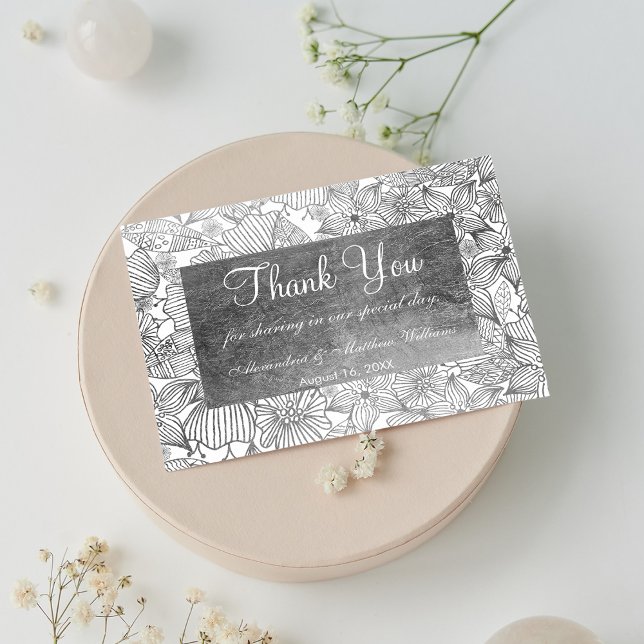 Postal Glamorosa moda blanco falso plata floral Gracias (Glamorous chic white faux silver floral Thank You)