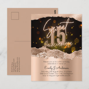 Postal Glamorosa Quinceañera de Purpurina de Hoja Dorada 