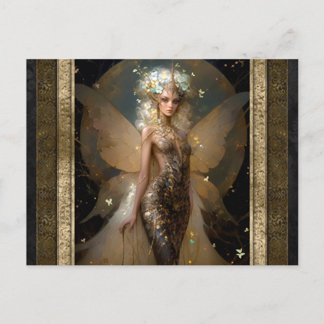 Postal Glamoroso Chica de hadas de oro Fantasy Art (Anverso)