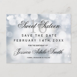Postal Glamoroso Purpurina de Plata Sweet 16 salva la fec