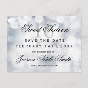 Postal Glamoroso Purpurina de Plata Sweet 16 salva la fec
