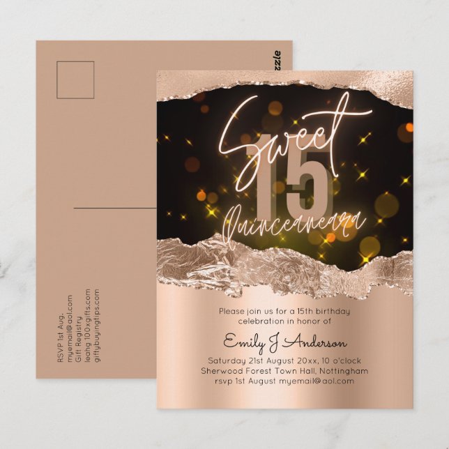 Postal Glamoroso Rosa Relieve metalizado dorado Purpurina (Anverso / Reverso)