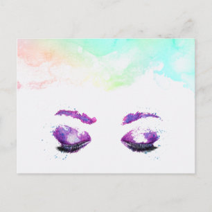 Postal Glamorosos Ojos Púrpuros y Flores Acuarela