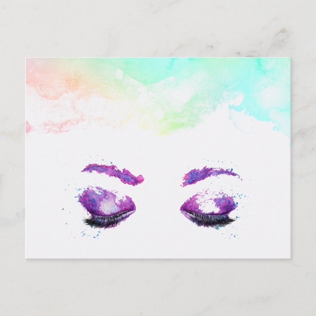 Postal Glamorosos Ojos Púrpuros y Flores Acuarela (Anverso)
