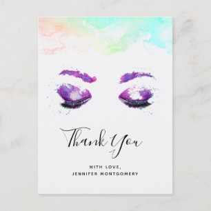 Postal Glamorosos Ojos Púrpuros y Flores Acuarela Gracias