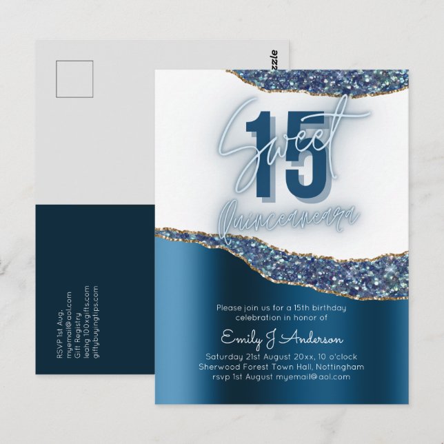 Postal Glamour Relieve metalizado plateado azul Purpurina (Anverso / Reverso)