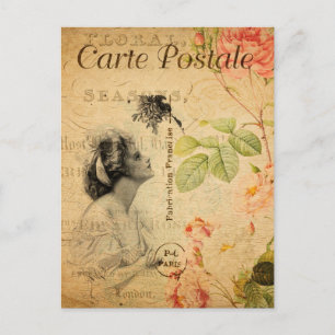 Postal Glamour vintage Lady Mujer Rosa Floral Francés