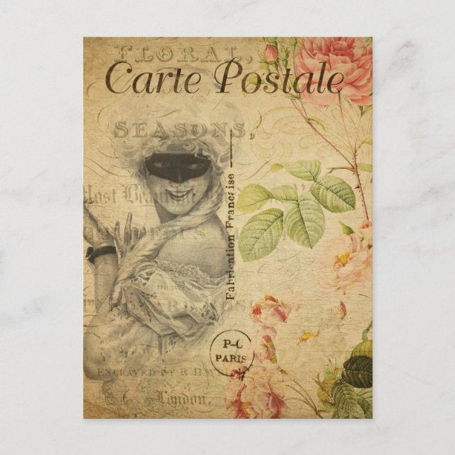Postal Glamurosa mujer vintage con mascara francesa (Anverso)