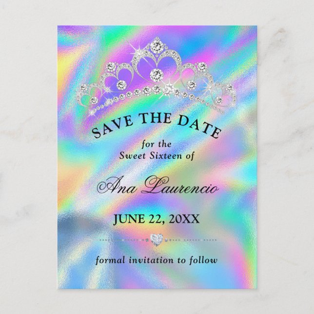 Postal Glamuroso Falso Holográfico Save The Date Dulces 1 (Anverso)