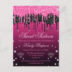 Postal Glamuroso negro y rosa que gotea brillo Sweet 16