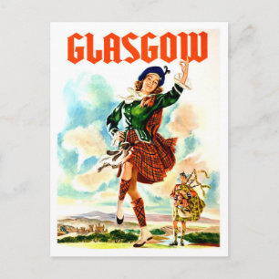 Postal Glasgow, bailarina con traje típico, vintage