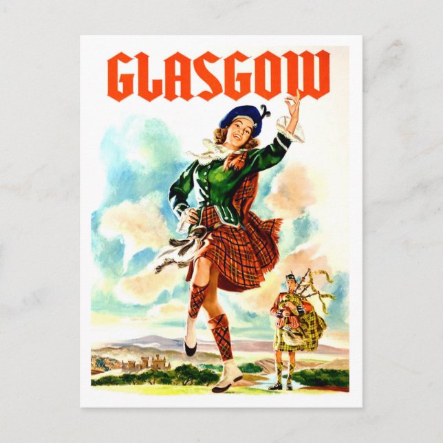 Postal Glasgow, chica bailarina disfrazada de traje nacio (Anverso)