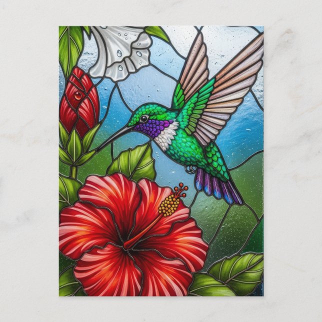 Postal Glass Patchwork Hummingbird Garden Floral Mosaic (Anverso)
