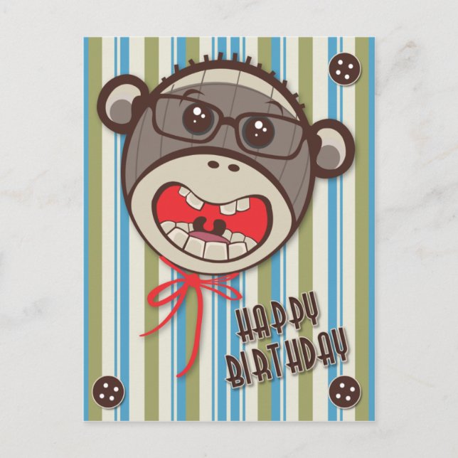 Postal Glasses Sock Monkey Happy B Day Postcard (Anverso)