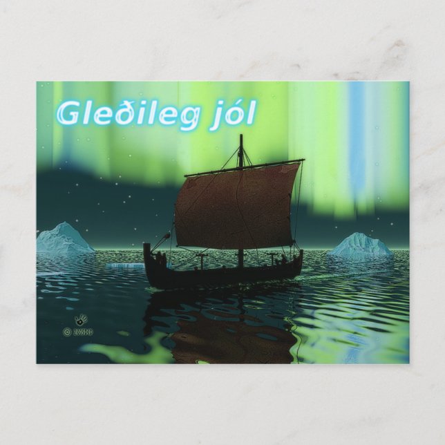 Postal Gleðileg Jól - Buque Viking Y Luces Del Norte (Anverso)