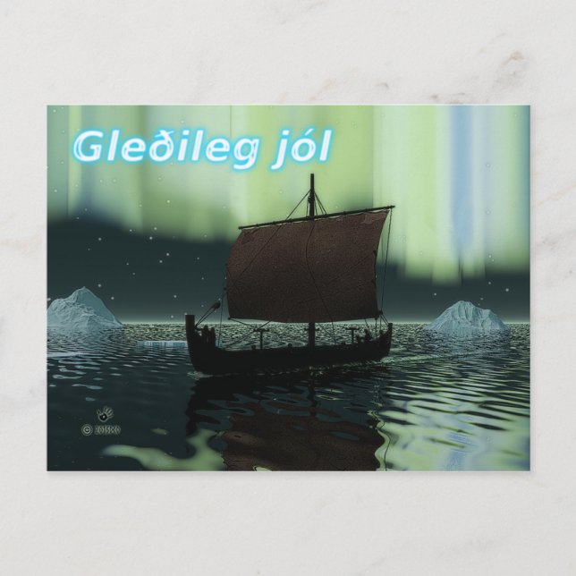Postal Gleðileg Jól - Buque Viking Y Luces Del Norte (Anverso)