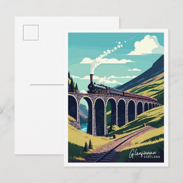 Postal Glenfinnan ilustracion de viaje vintage de Escocia (Anverso / Reverso)